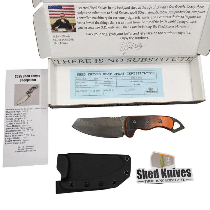 Shedknives.com: 2025 Shed Knives Sheepsfoot hunting fixed blade bushcraft field knife g-10 154-CM steel outdoors camping full tang