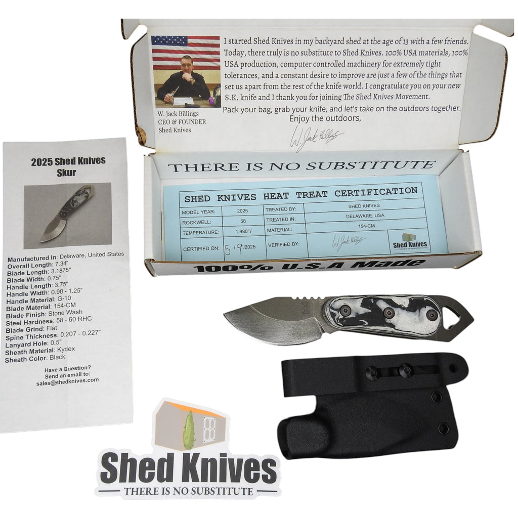Shedknives.com: 2025 Shed Knives Skur Buschraft Knife with Sheath, Full Tang Knife Fixed Blade Camping Knife, Large Blade Outdoors Knife Survival Knife with G-10 Handle, hunting, fishing, camping, hiking, 154-CM steel blade 100% USA Made