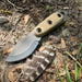 2023 Shed Knives Skur in Coyote Tan on the ground in the woods next to a feather.