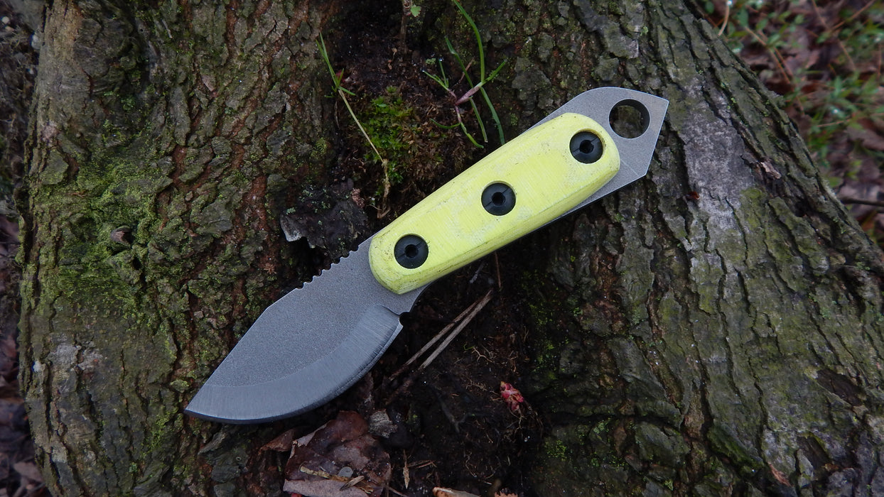2023 Shed Knives Skur in Day Glow G-10 on a tree trunk.