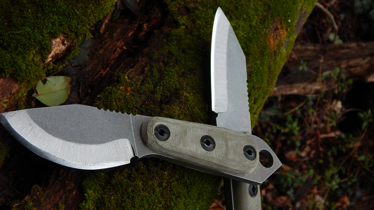 2023 Shed Knives Skur & US Tanto on a mossy log.